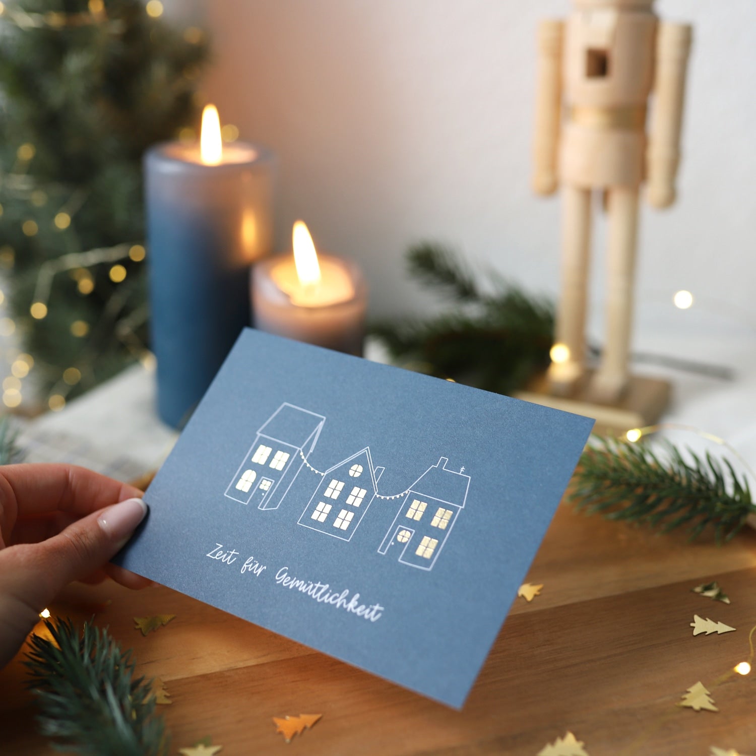 Postkarte „Zeit für Gemütlichkeit" mit Gold