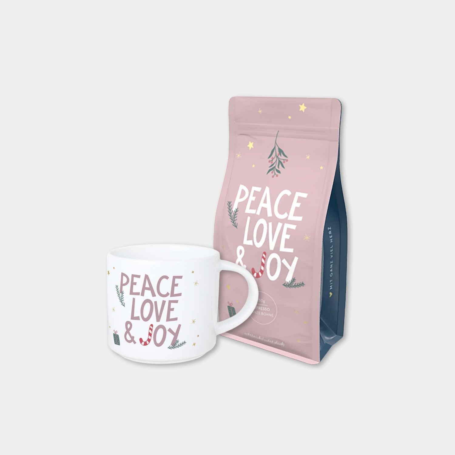 Bundle Tasse & Kaffee „Peace, Love & Joy“ Ganze Bohne, 250 g