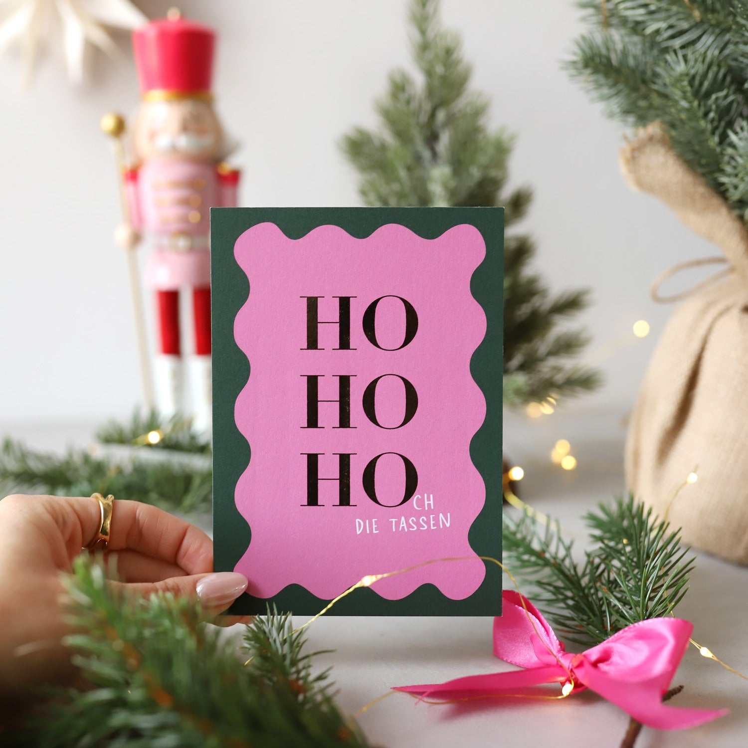 Postkarte „Ho Ho Hoch die Tassen“ mit Gold