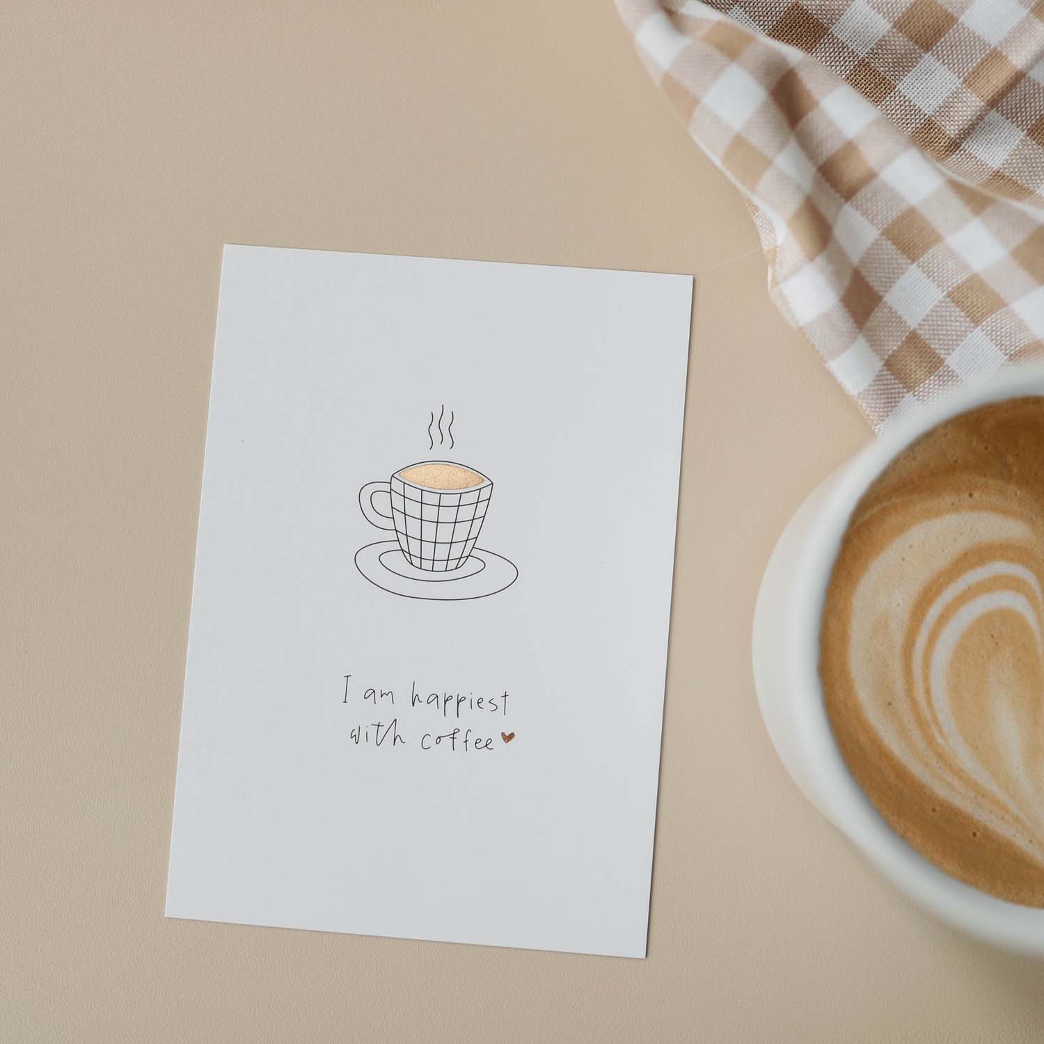 Postkarte „Happiest with Coffee“ mit Gold